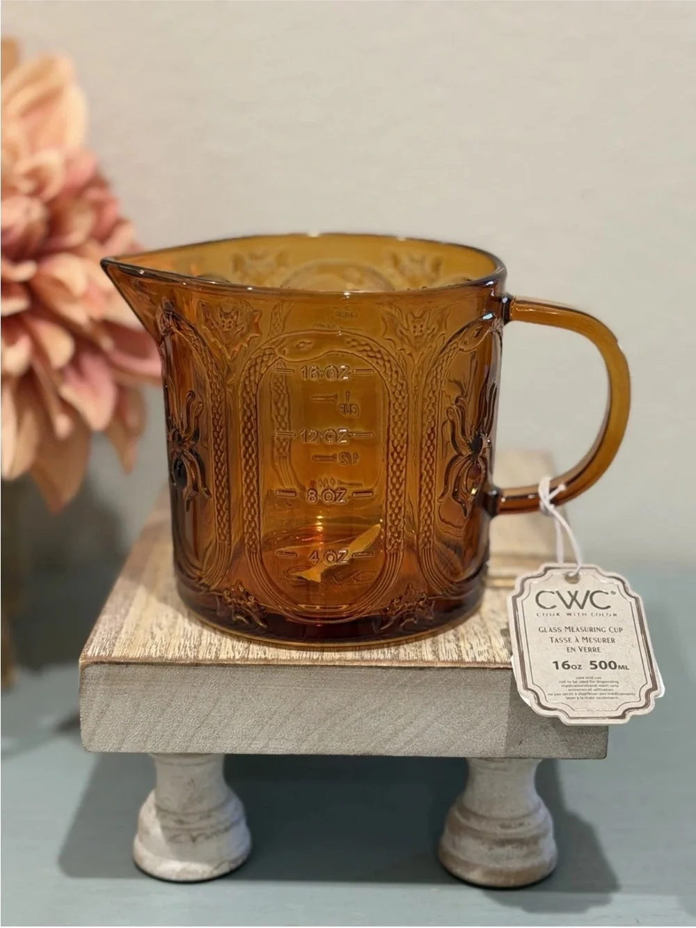 CWC Cook With Color Amber Halloween Glass Measuring Cup 16oz~2 Cups Spiders/bats